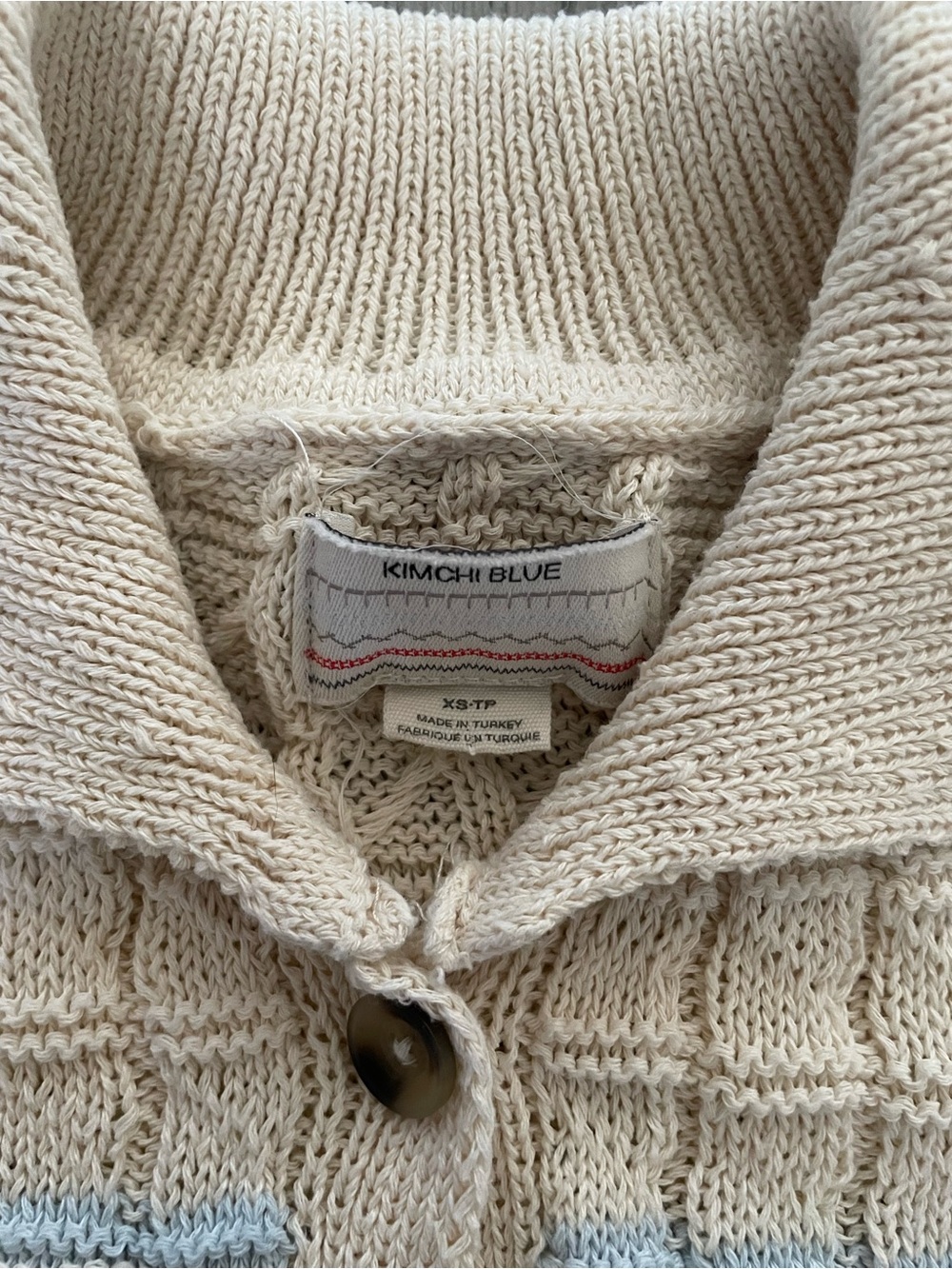 Kimchi Blue Cream Knit Short-Sleeve Button Cardigan with Light Blue Trim - Picture 3 of 5